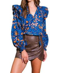 Flying Tomato - Liz Ikat Print Ruffle Sleeve Blouse