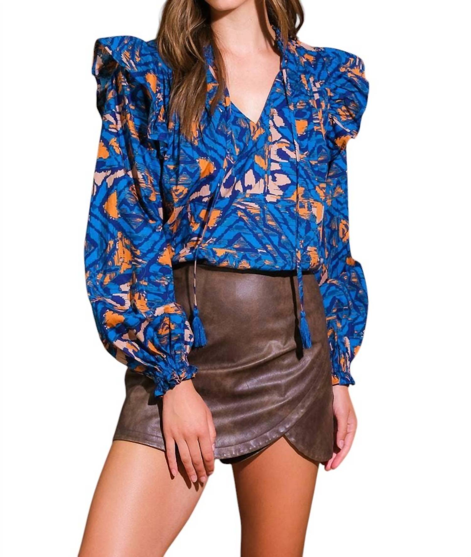 Flying Tomato - Liz Ikat Print Ruffle Sleeve Blouse