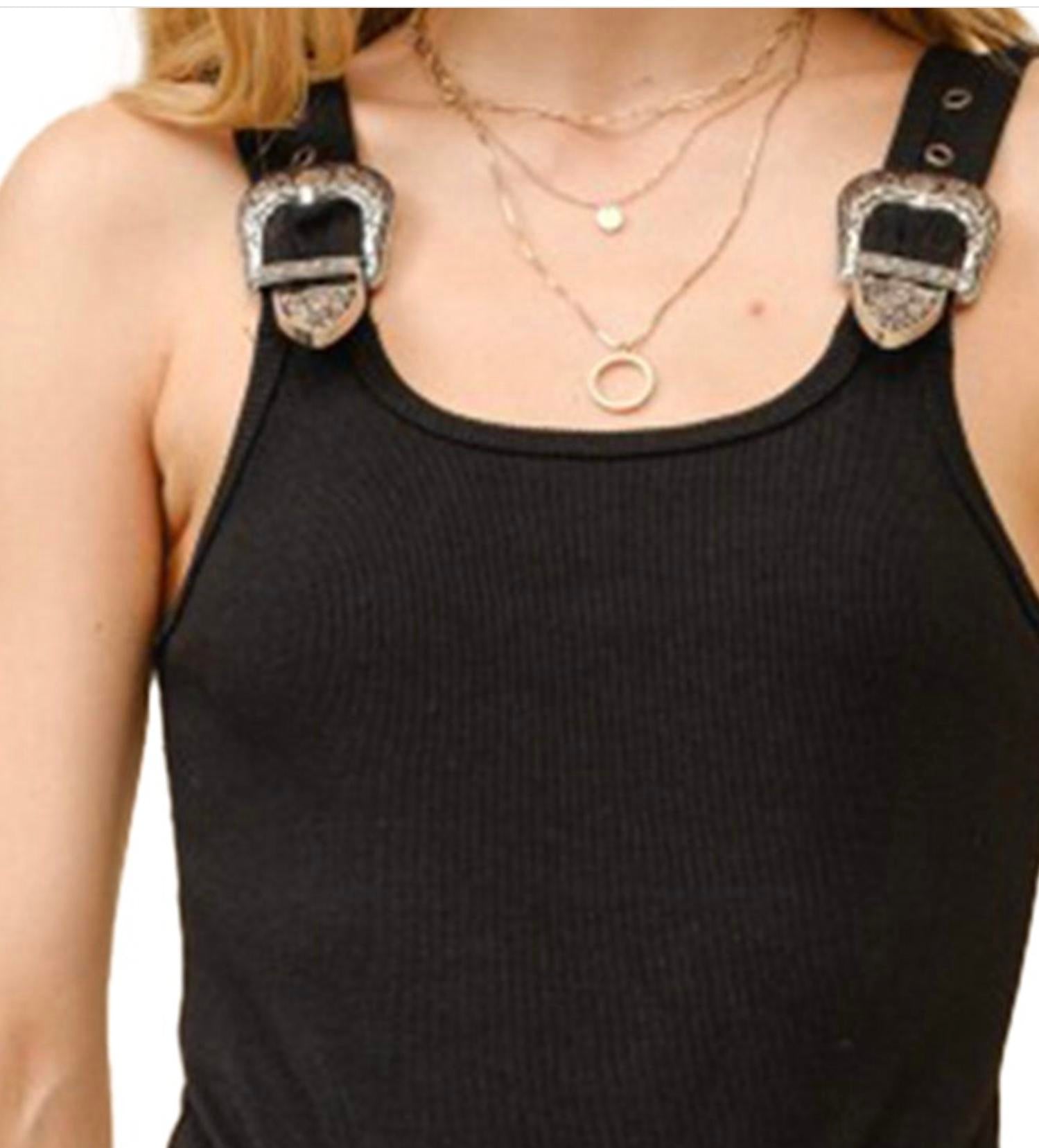 Blue B Ribbed Buckle Bodysuit in black - women's shirt - detail view