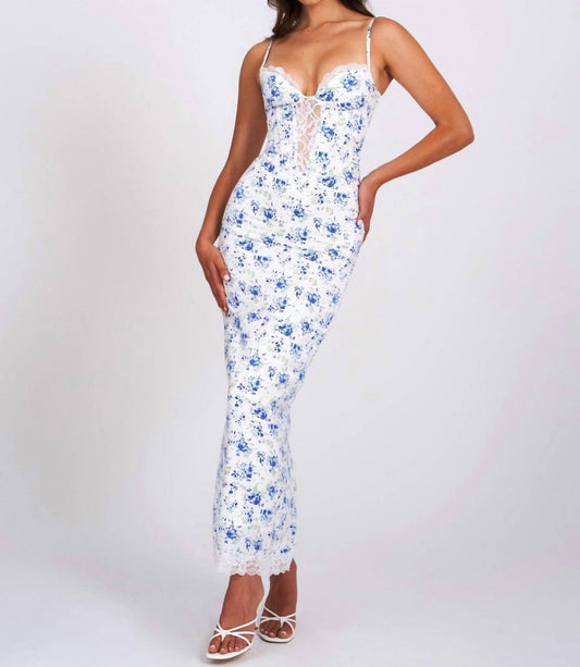 Miss Circle - Qwin Floral Print Satin Lace Maxi Dress