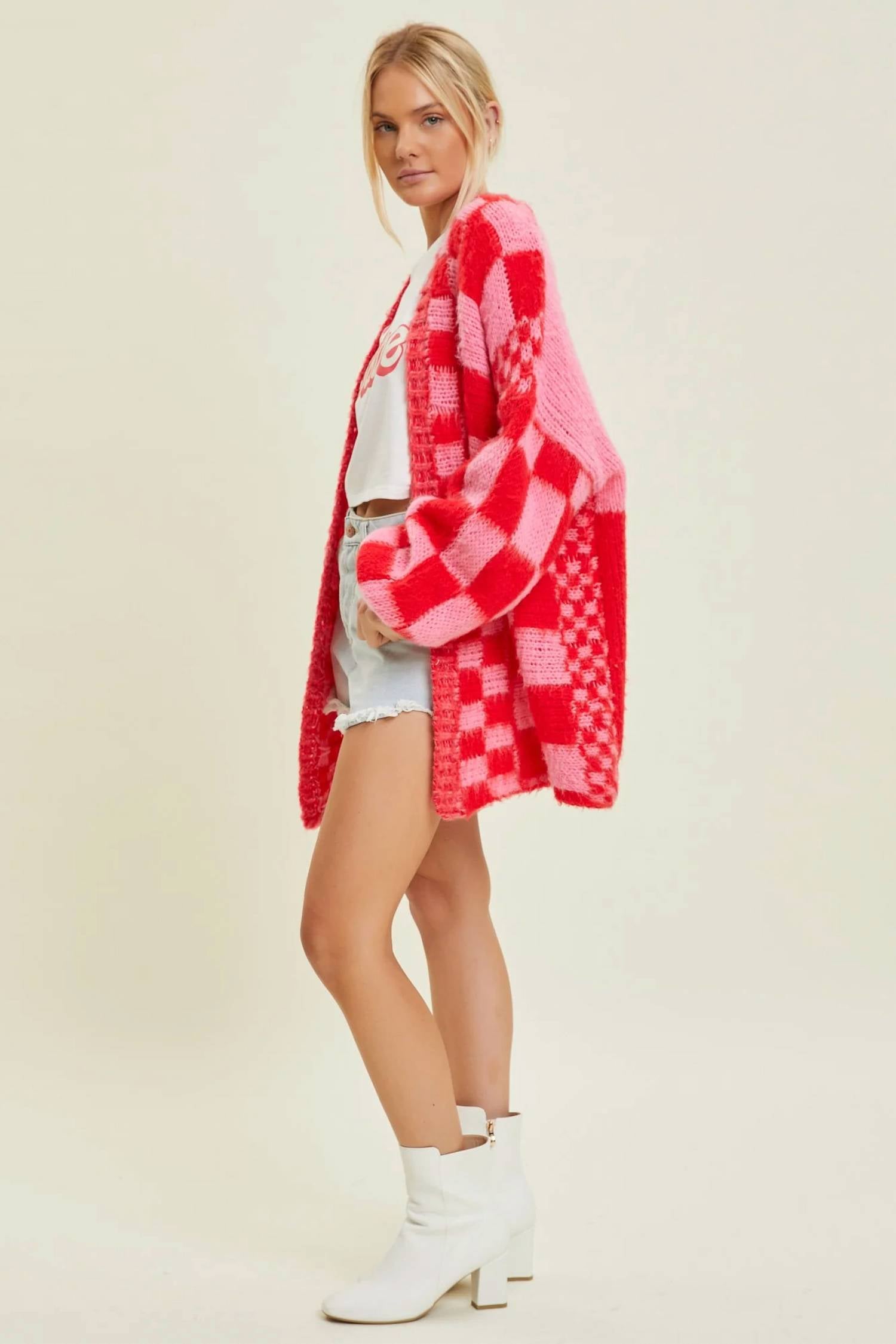 Baevely By Wellmade - Myla Checkered Print Oversized Cardigan