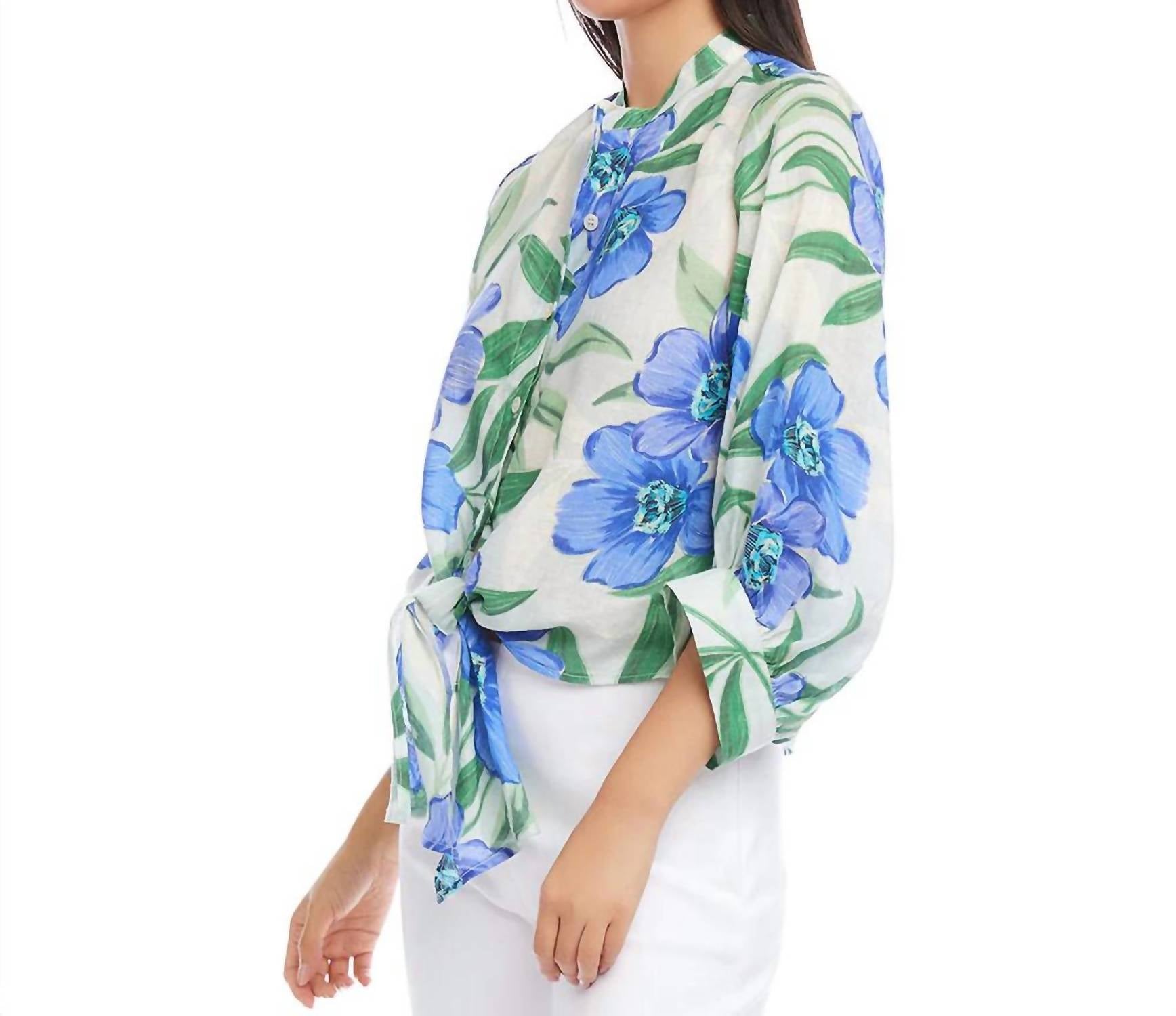 Karen Kane Fallon Floral Print Tie Front Top in blue - women's blouse - detail view