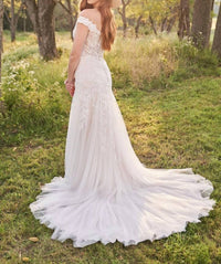 Lillian West Beaded Off The Shoulder English Net Trumpet Bridal Dress in ivory - women's dress - detail view