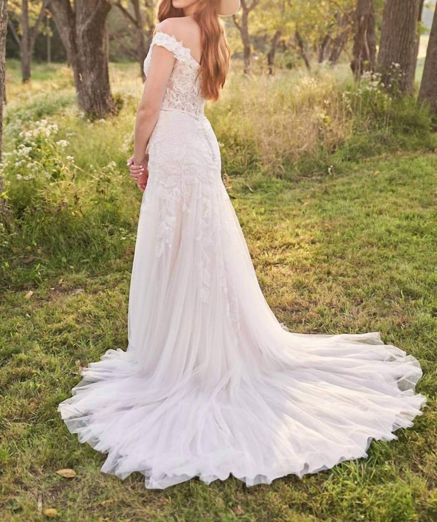 Lillian West Beaded Off The Shoulder English Net Trumpet Bridal Dress in ivory - women's dress - detail view