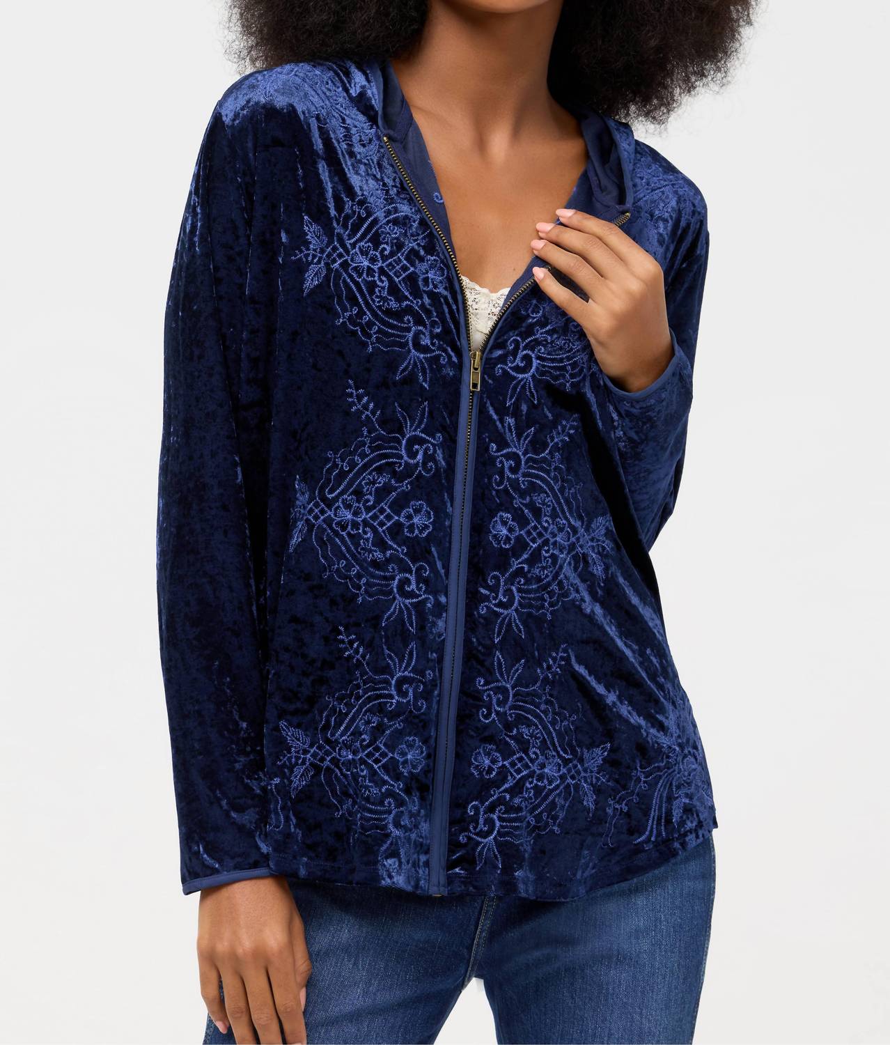 Johnny Was - CARMEL CRUSHED VELVET ZIPUP HOODIE