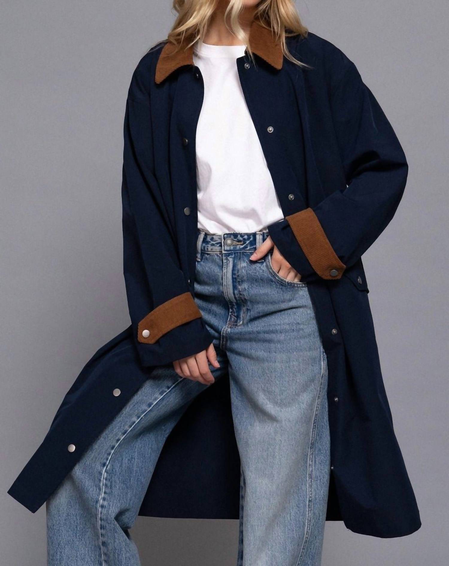 Active Basic - Long Sleeve Contrast Collar Button Down Trench Coat