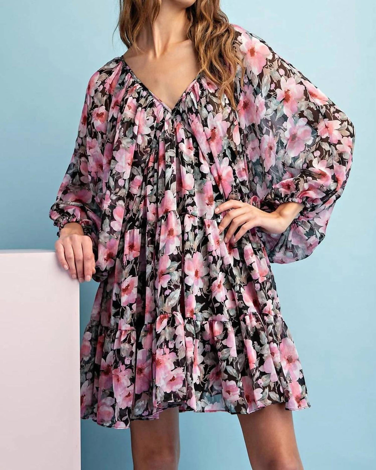 Ee:Some - Long Sleeve V-Neck Mini Dress