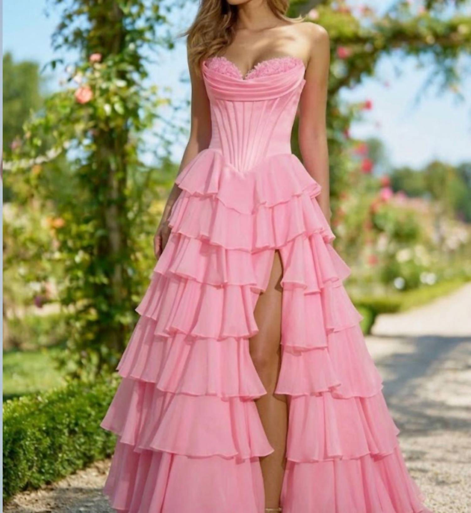 Sherri Hill Strapless Satin Corset Ball Gown With Chiffon Ruffle Slit Skirt in candy pink - women's dress