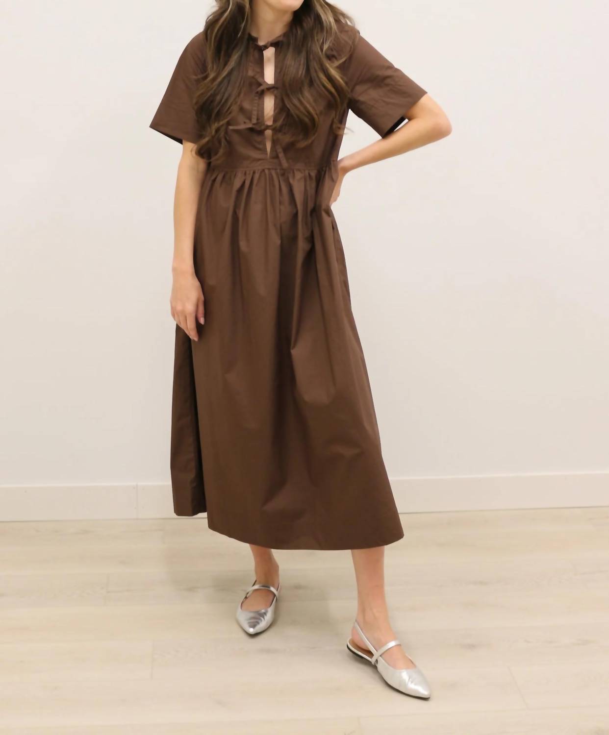 Olivaceous - Stella Bow Front Relaxed Fit Midi Dress