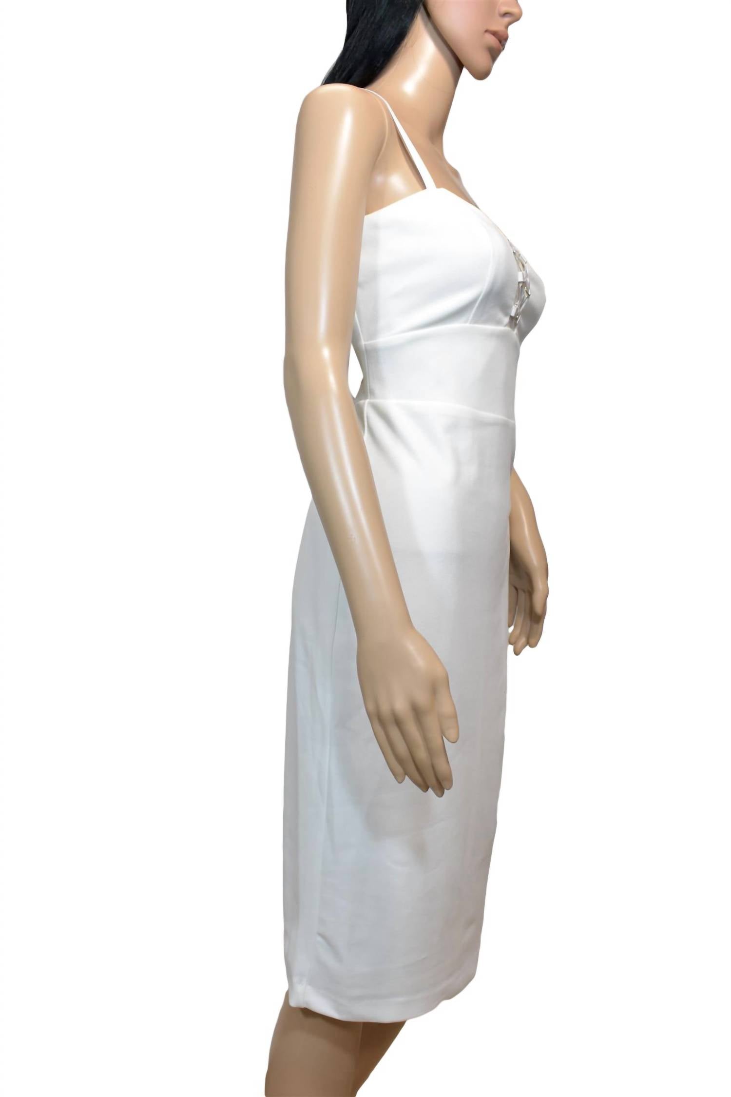 Bebe Women Illusions Bodycon Fit Spaghetti Strap Pencil Sheath Dress Ivory White