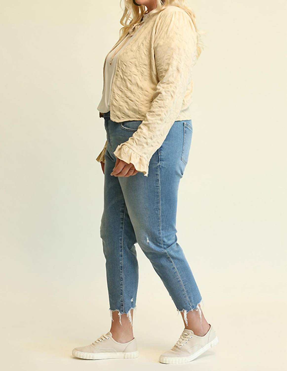 GiGiO Textured Knit Ruffled Neckline Cardigan in sand - women's cardigan - view 6