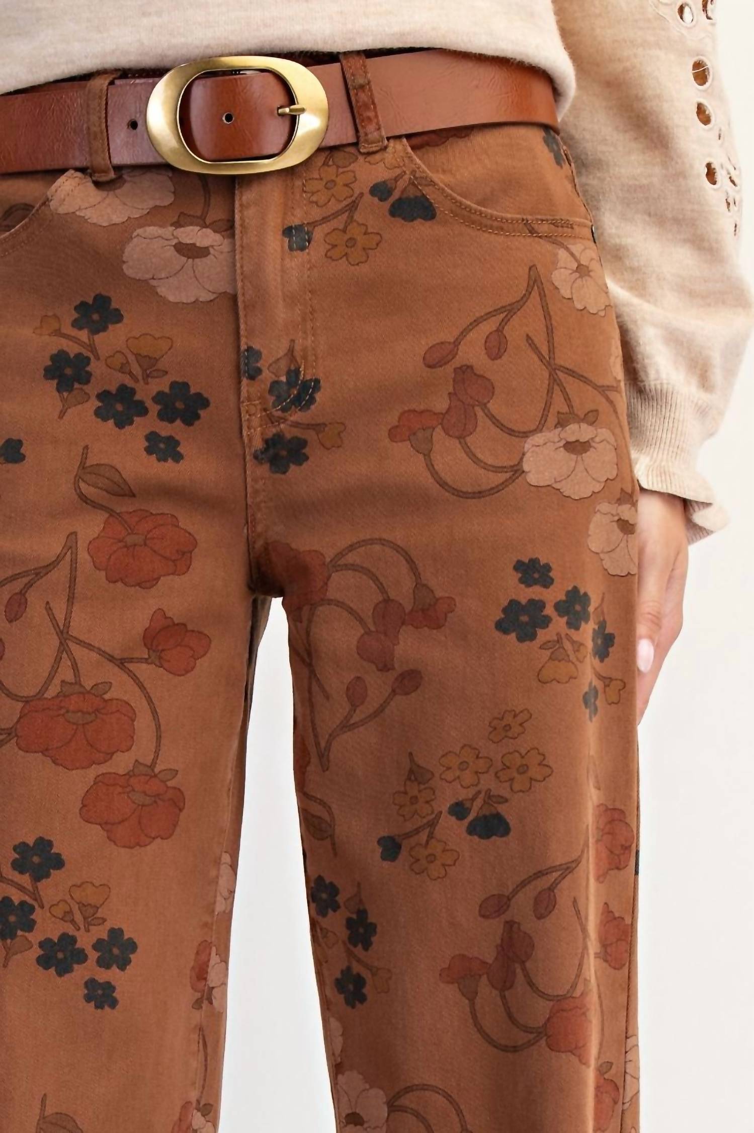 Easel - Women's Floral Printed Washed Stretch Twill Pants