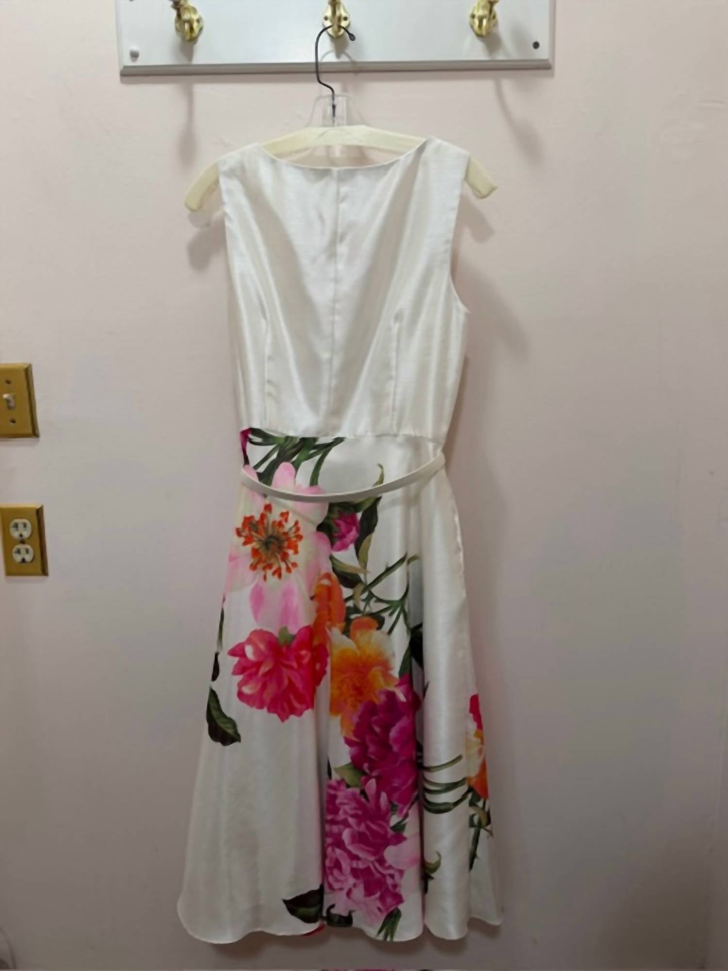 Chetta B Women's Shantung Rose Print Dress in ivory coral pink - women's dress - detail view