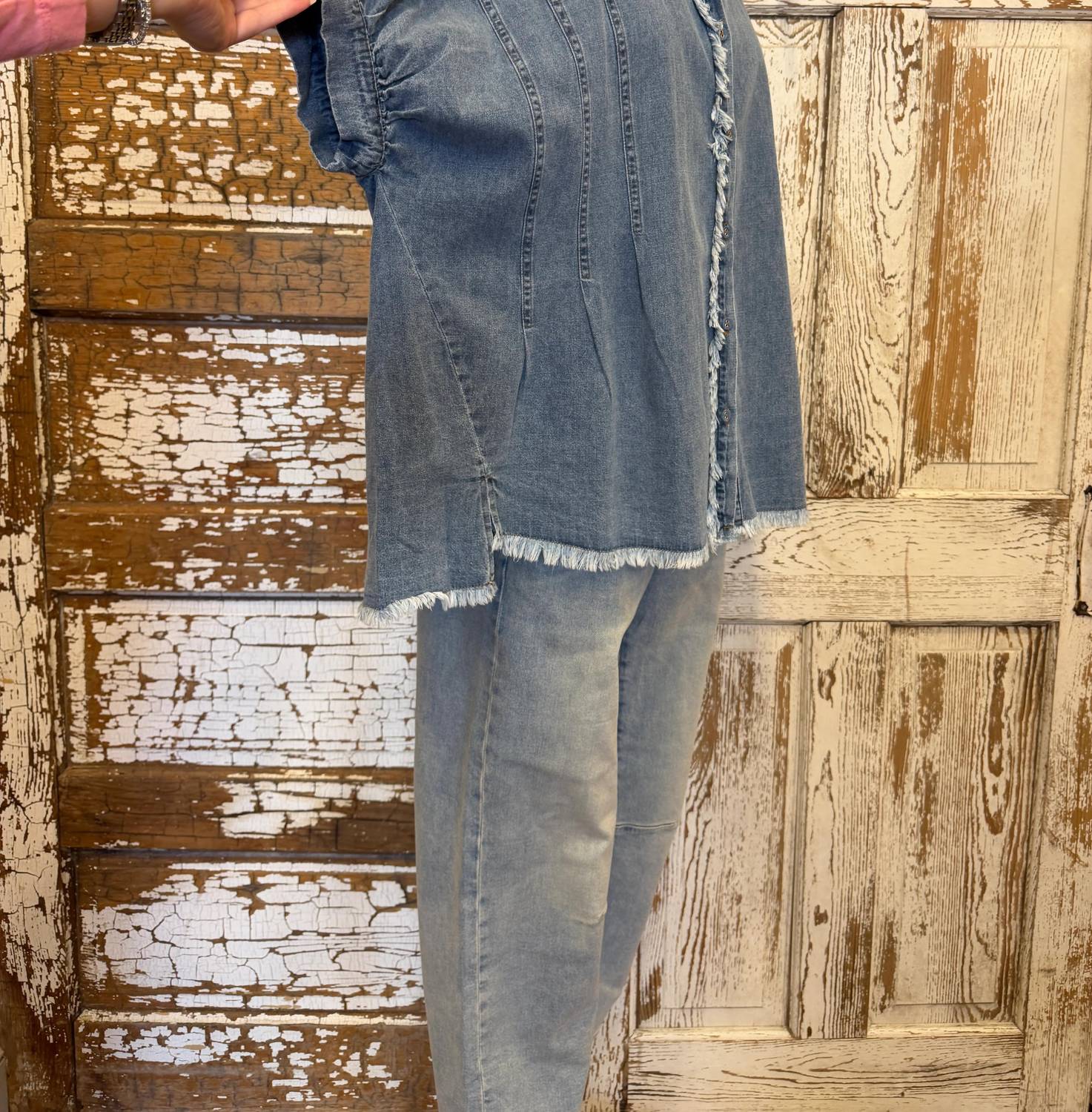 Umgee - Eyelash Trim Oversize Denim Blouse