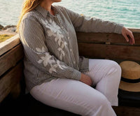 Karen Kane - Long Sleeve Stripe Embroidered Shirt - Plus Size