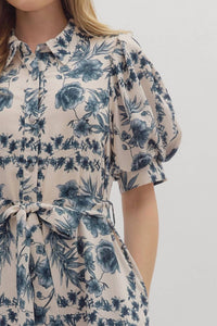 Entro - Puff Sleeves & Tie Waist Floral Midi Dress
