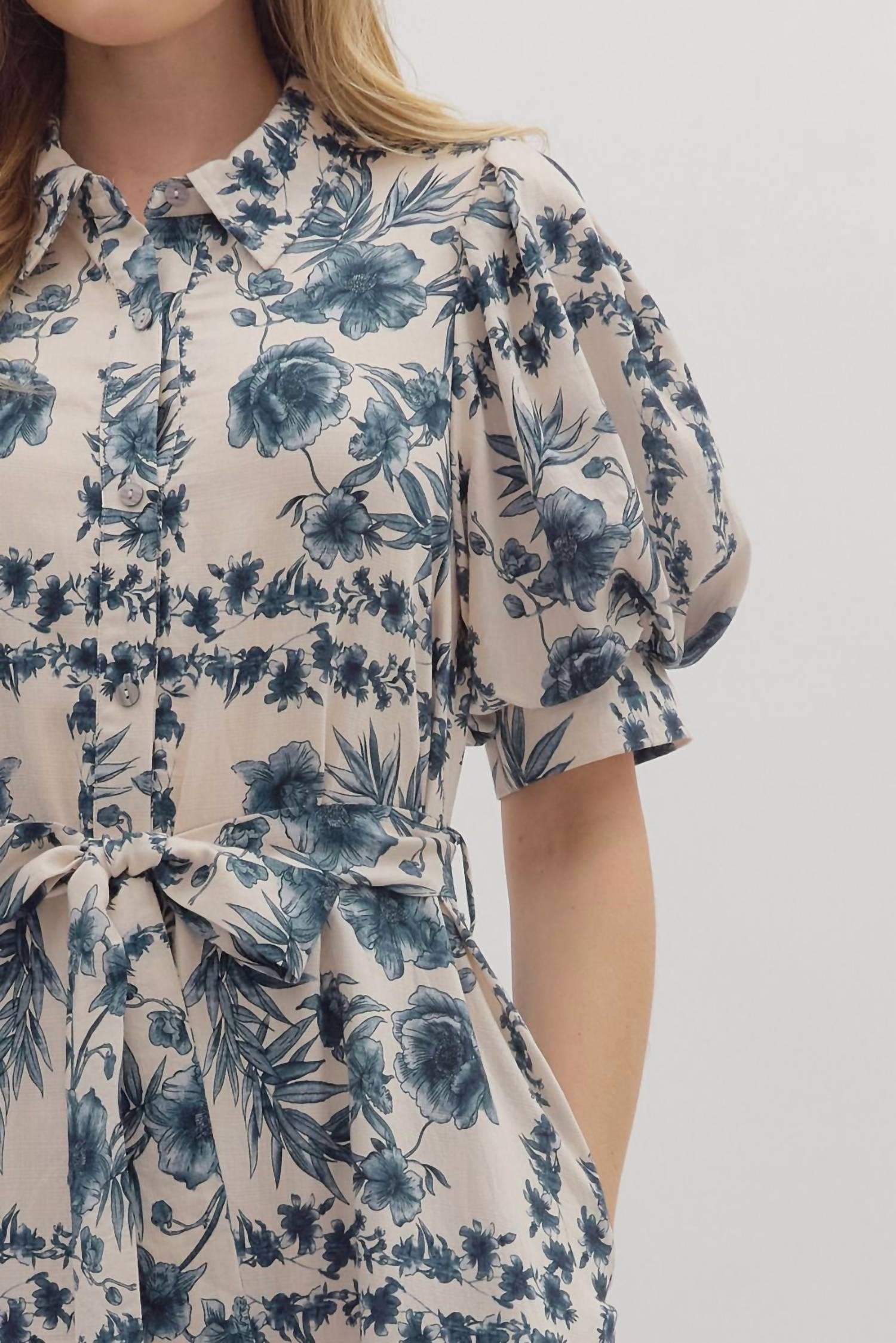Entro - Puff Sleeves & Tie Waist Floral Midi Dress