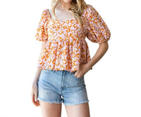 Cotton Bleu - Peplum Square Neck Top With Bubble Sleeves