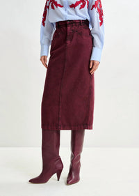 ESSENTIEL ANTWERP Inclusive Overdye Denim Skirt in margot mauve - women's skirt - detail view