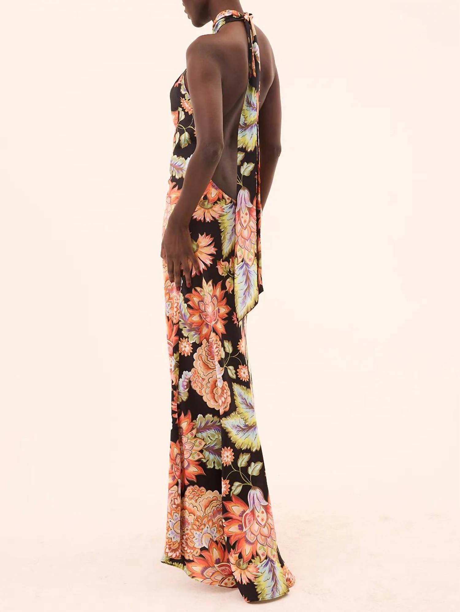 Misa Los Angeles Harle Maxi Dress in fiery flora satin - women's dress - detail view