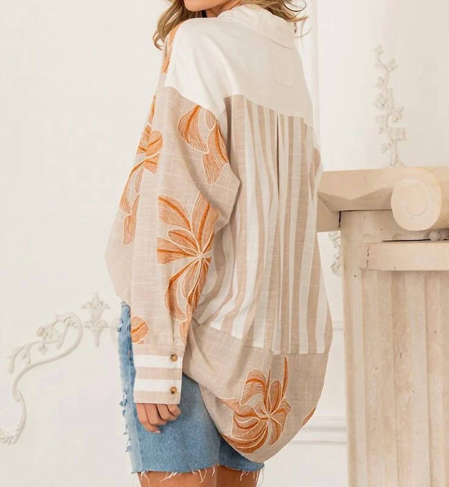 Sew In Love - Button-down Floral And Stripe Printed Top