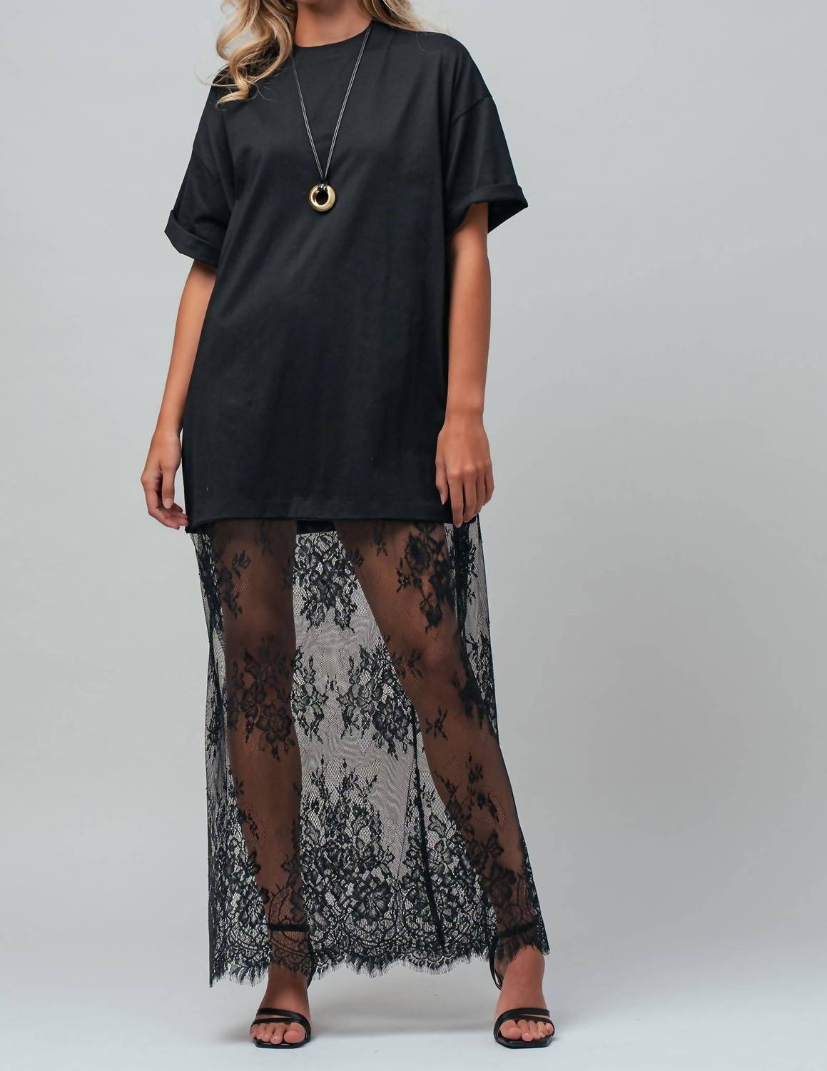 Urban Daizy - Mixed-media T-shirt Dress With Sheer Lace Skirt