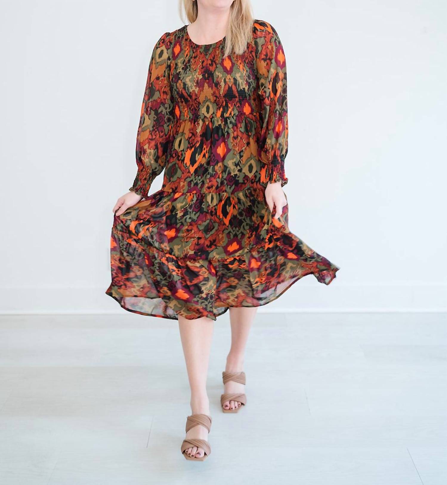 APRICOT Women's Ikat Chiffon Midi Dress in green orange red - women's dress