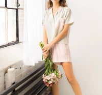 Salua - Cropped Button Down-high Waisted Color Block Shorties Set