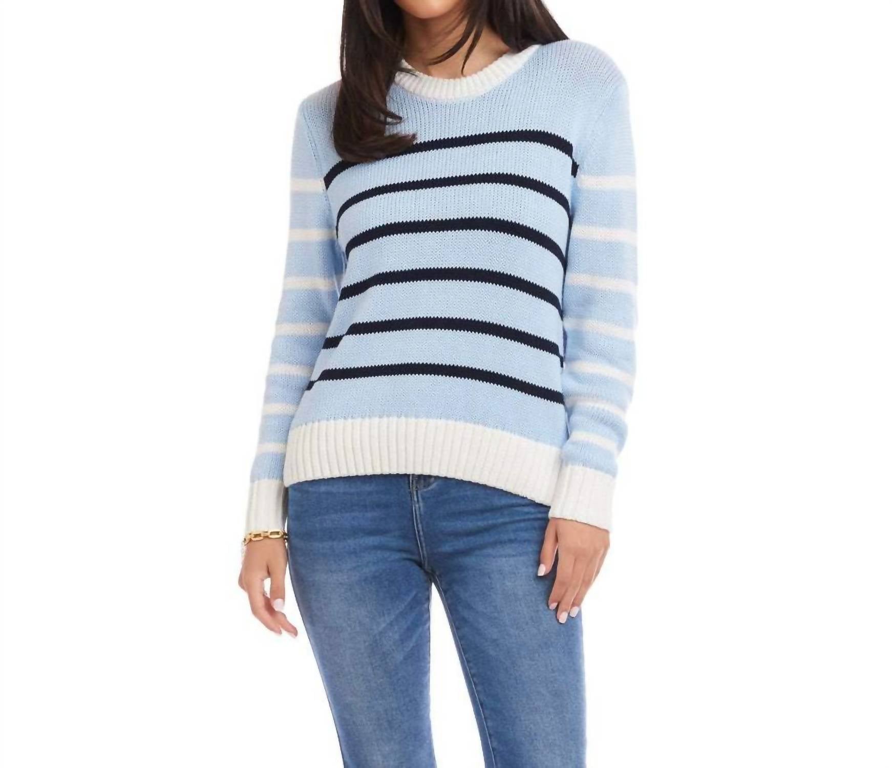 Karen Kane Stripe Crewneck Sweater in multi blue - women's sweater
