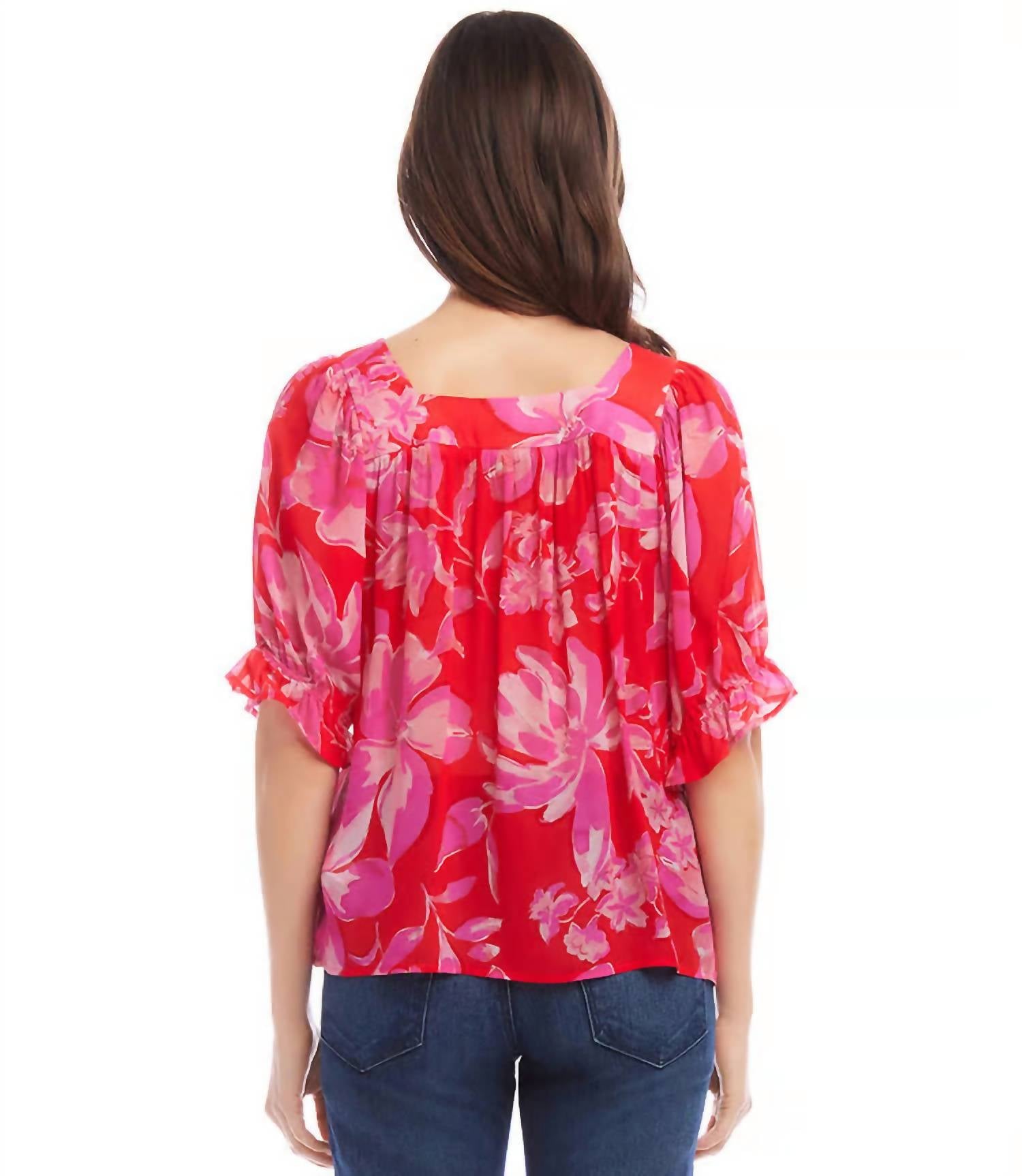 Karen Kane Fia Floral Print Square Neck Top in pink and red - women's blouse - detail view