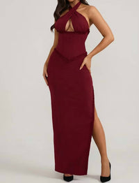 Oh Polly - Halterneck Lace-up Corset Maxi Dress