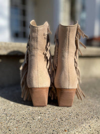 STEVE MADDEN Women's Suede Wolfer-f Fringe Western Bootie in tan - women's shoe - detail view