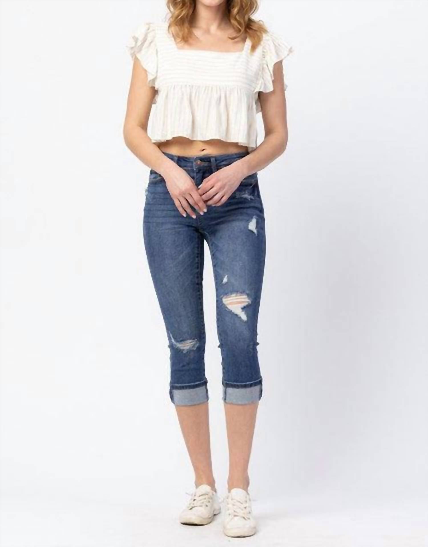 Judy Blue - Mid Rise Distressed Cuffer Jeans - Plus