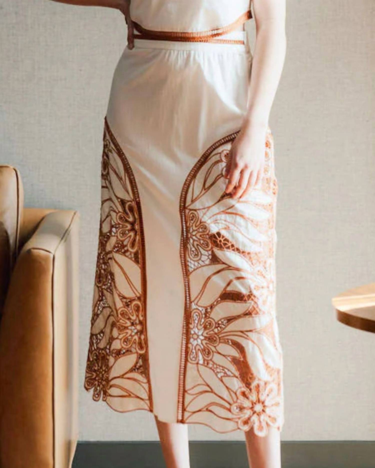 Never a Wallflower Palermo Midi Skirt in caramel - women's skirt - detail view