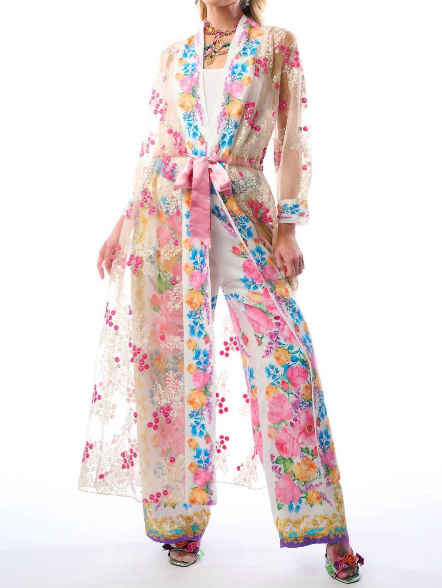 Aratta - Blossom Duster Beaded Floral Mesh Coat Robe