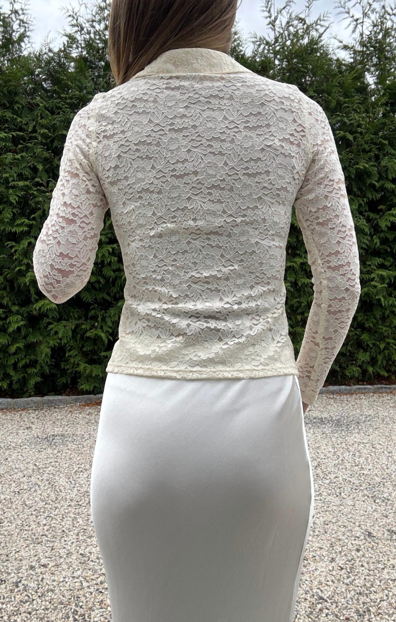 red haute Dahlia Deep V Collar Lace Top in cream - women's long sleeve top - detail view
