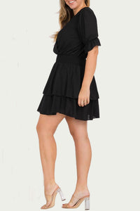 SMOCKED SURPLICE WOVEN MINI DRESS