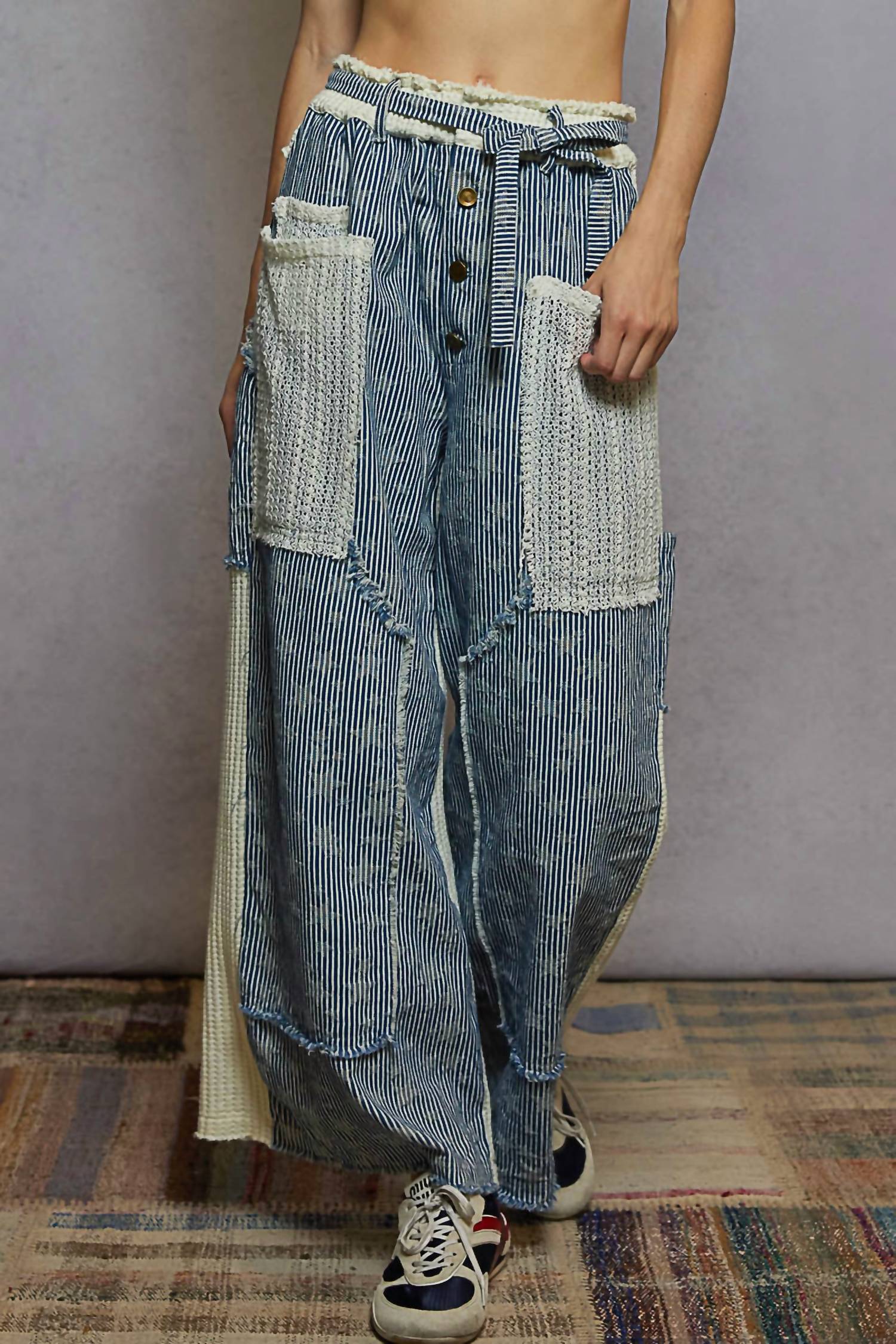 POL Stripe Patch Pants in denim - women's pants - detail view