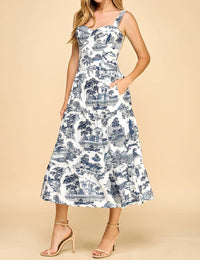 Tcec - Toile Printed Sweetheart Neckline Midi Dress