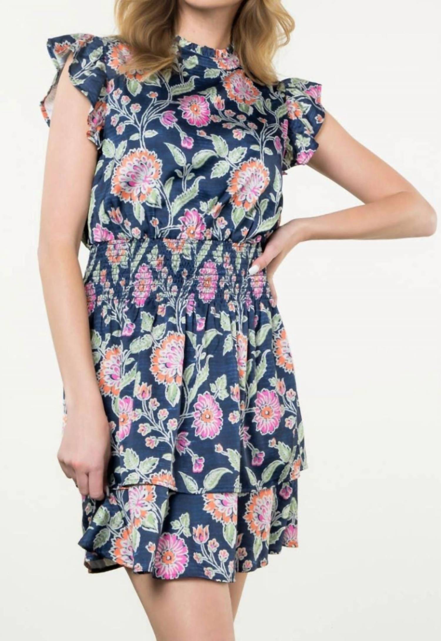 Thml - Smocked Waist Flutter Sleeve Floral Dress