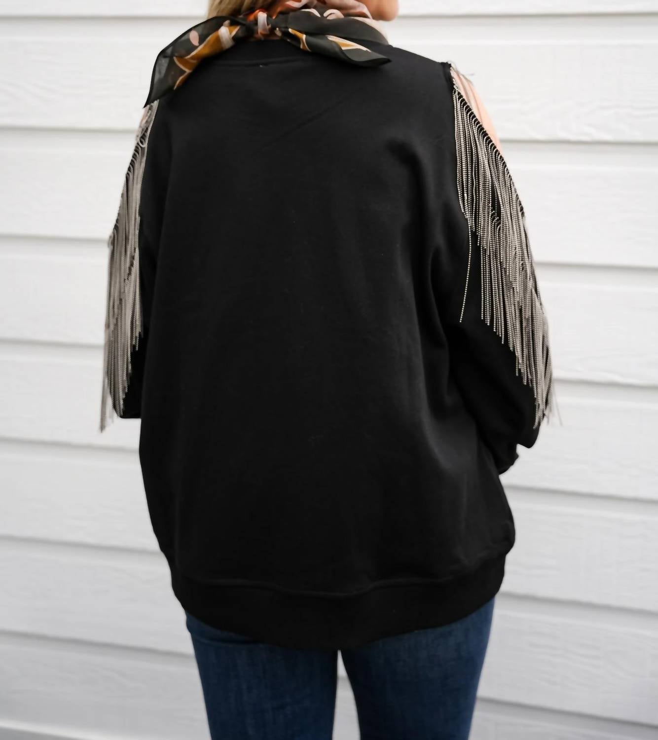 Fantastic Fawn - Fringe Cold Shoulder Knit Sweatshirt