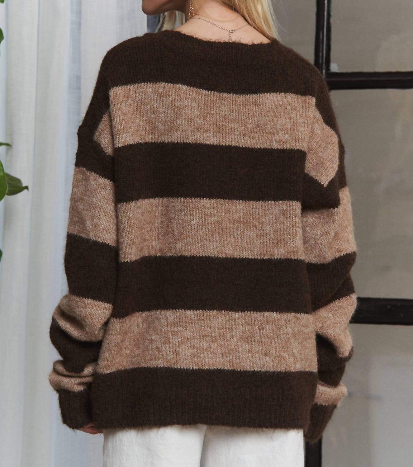 ADORA Stripes Knit Sweater With Scarf in brown stripe - women's sweater - detail view