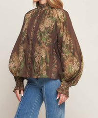Flying Tomato - Balloon Sleeve Botanical Printed Blouse