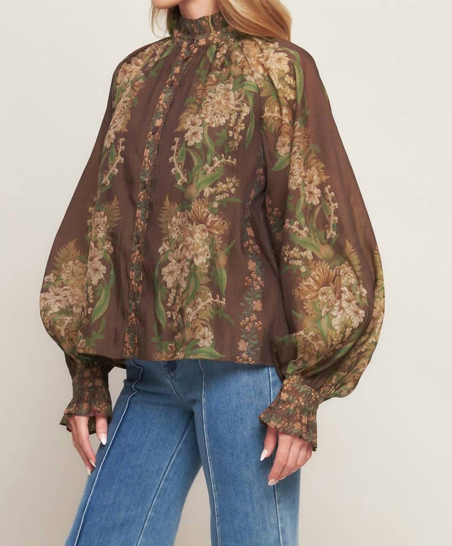 Flying Tomato - Balloon Sleeve Botanical Printed Blouse