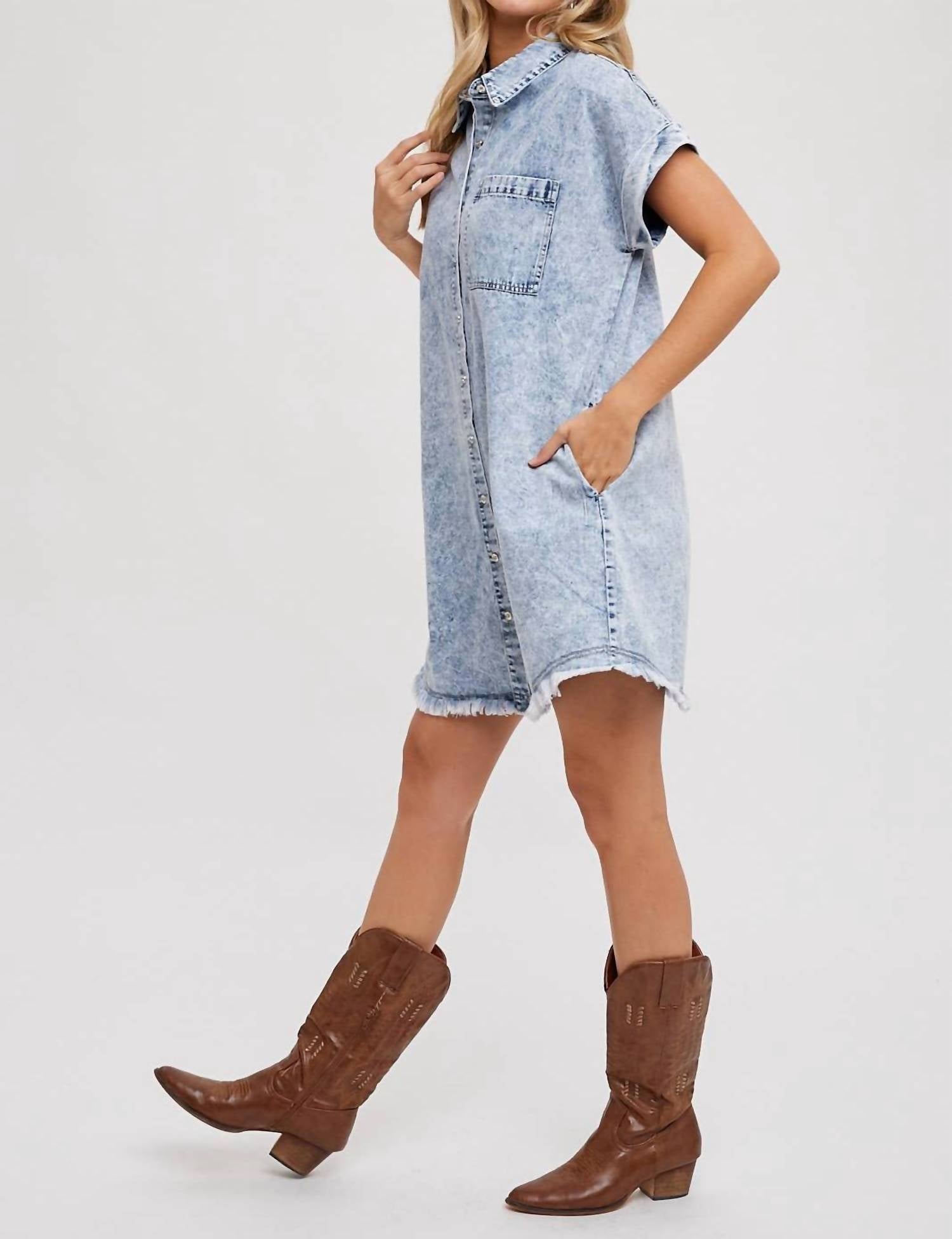 Bluivy - Frayed Hem Denim Shirt Dress