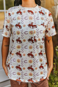 Lucky & Blessed - Vintage Rodeo Cowboy & Horseshoe All-over Print Western Pocket Tee