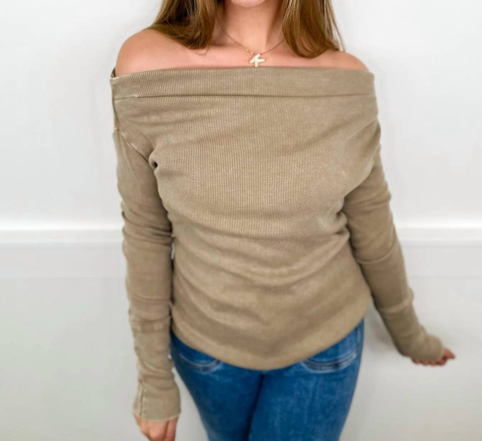 Easel - Textured Off-the-shoulder Long-sleeve Top