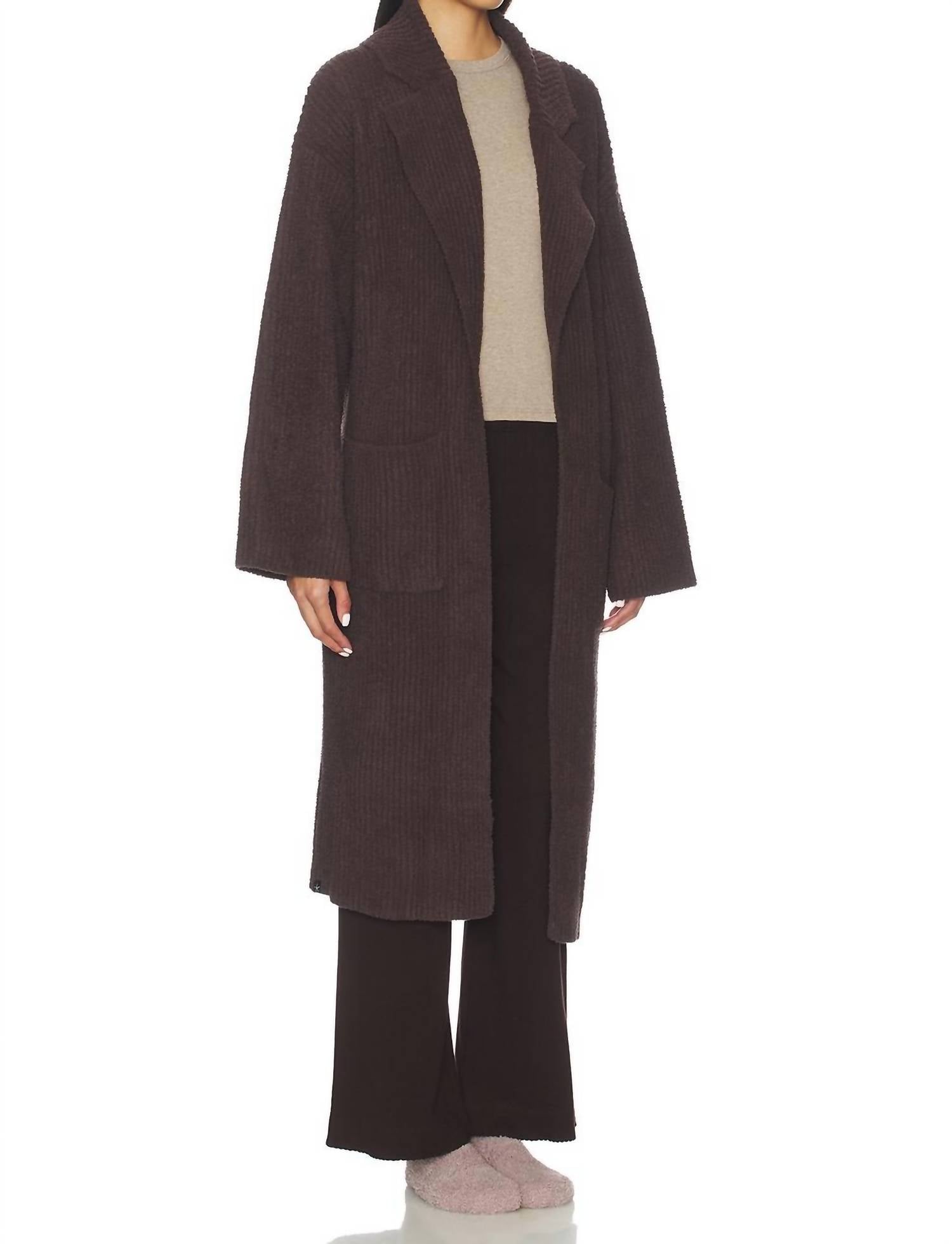 BAREFOOT DREAMS Cozychic Cotton Rib Long Coat in umber - women's jacket - detail view