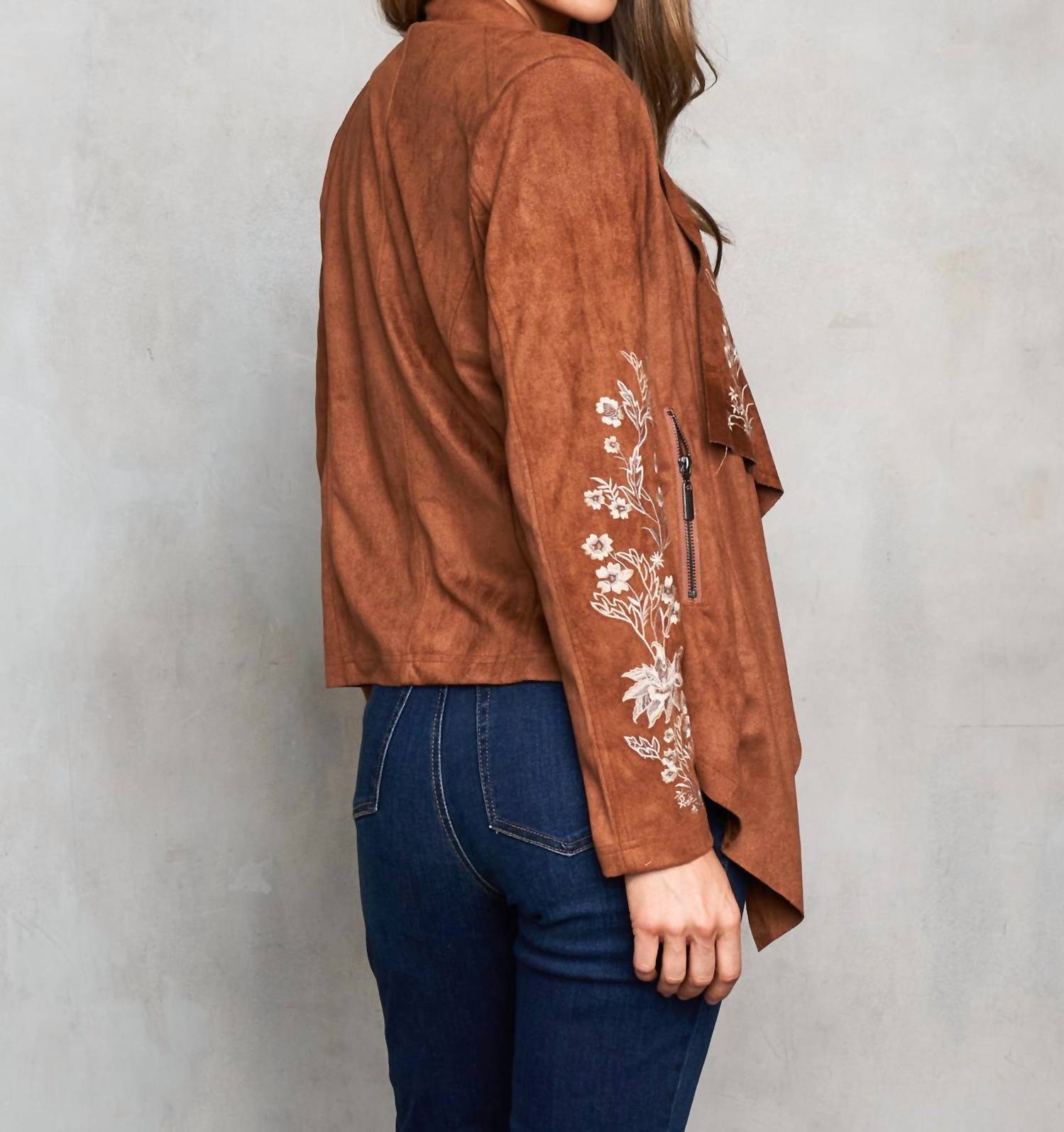 Paparazzi - Faux Suede Embroidered Open Front Short Jacket