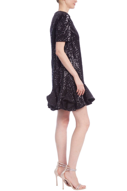 Badgley Mischka - Short Sleeve Sequin Shift Dress with Flounce Hem